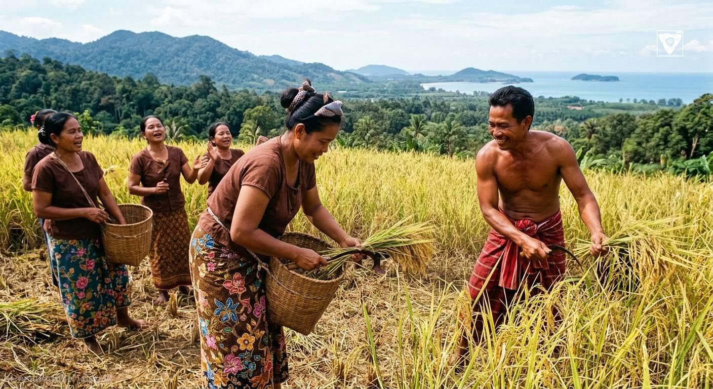 การทำเกษตรปลูกข้าวตามวิถีชีวิตดั้งเดิมของชาวเลอูรักลาโว้ยบนเกาะในอดีต ภาพถูกเจนจาก AI Gemini โดย: นภัสนันท์ ยาดำ